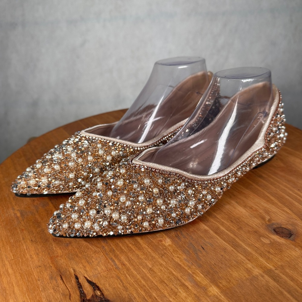 QXCINGDY Pointed Toe Flats Women 45 Gold Excellent Crystal Pearl Embellished